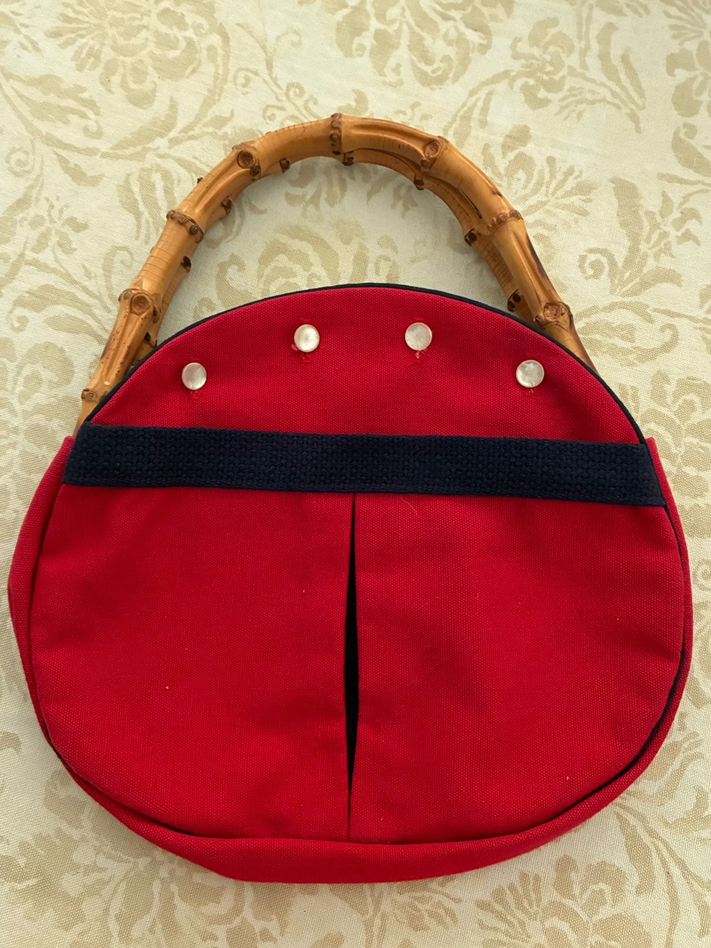 Delanthe Bermuda Bag Purse Bamboo Handles Red Navy Trim Canvas 4 Button Vintage
